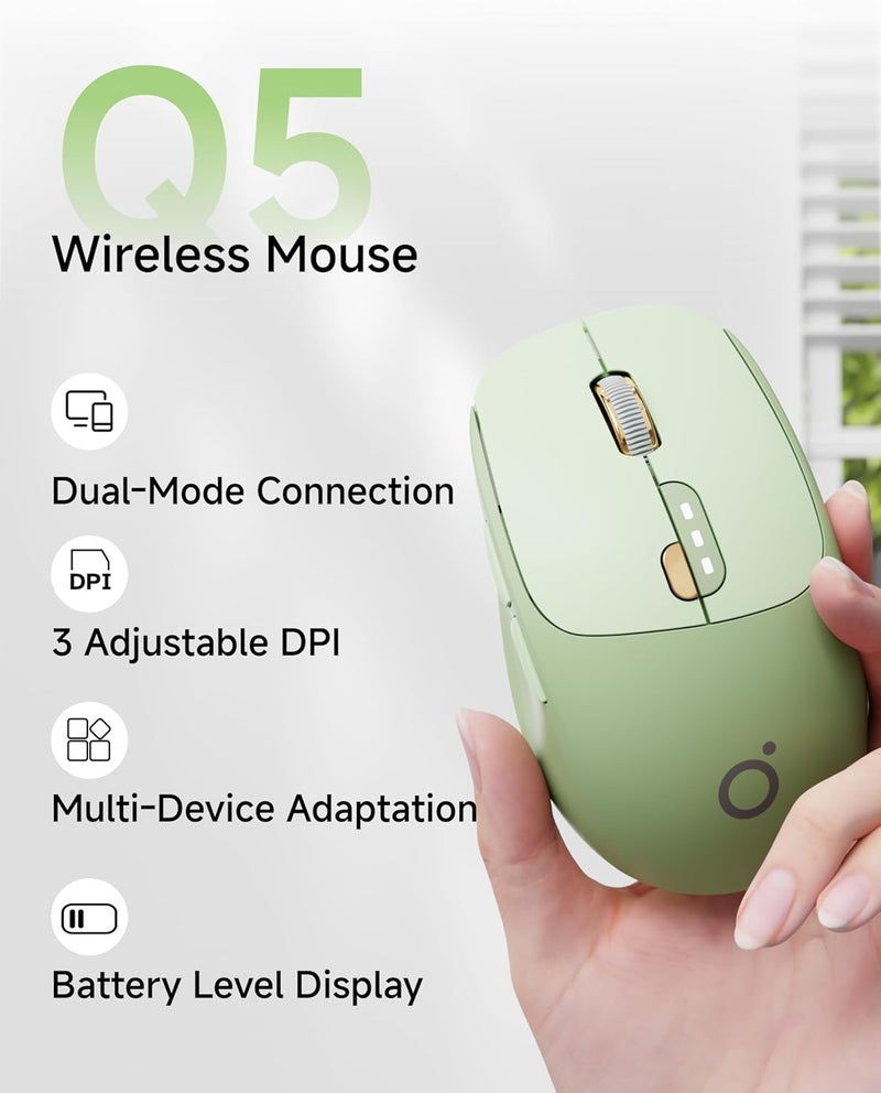SEUNKWANG ماوس وايرلس EWEADN Q5، بلوتوث و2.4G، ماوس كمبيوتر هادئ مع 1600 DPI، عرض مستوى البطارية، ماوس مكتبي مريح، 6 أزرار، ماوس محمول لطيف بدون سلك للابتوب/الكمبيوتر الشخصي/ماك - أخضر - Image 3